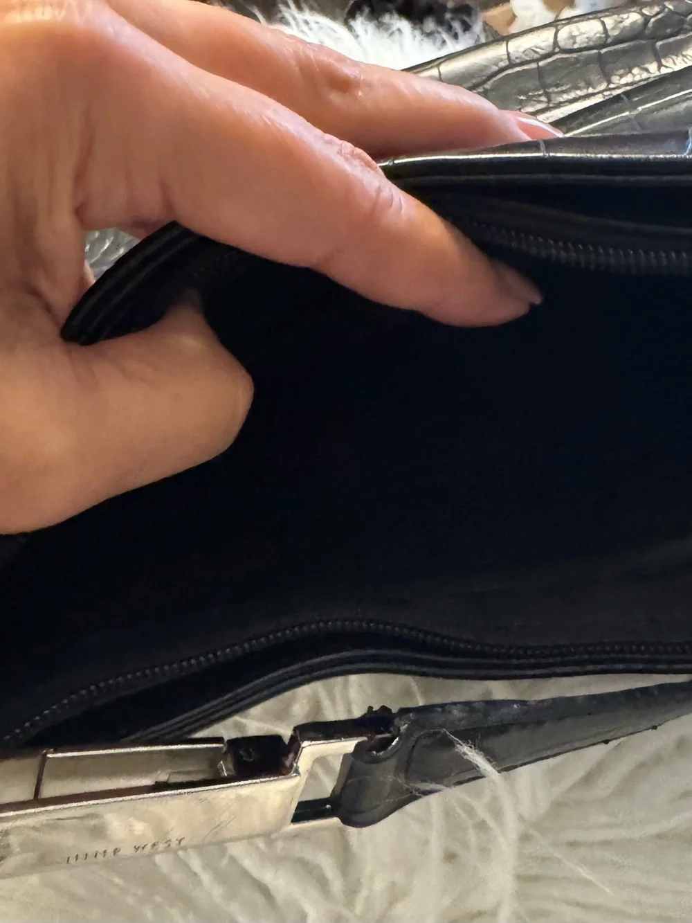 Black Croc-Embossed Shoulder Bag